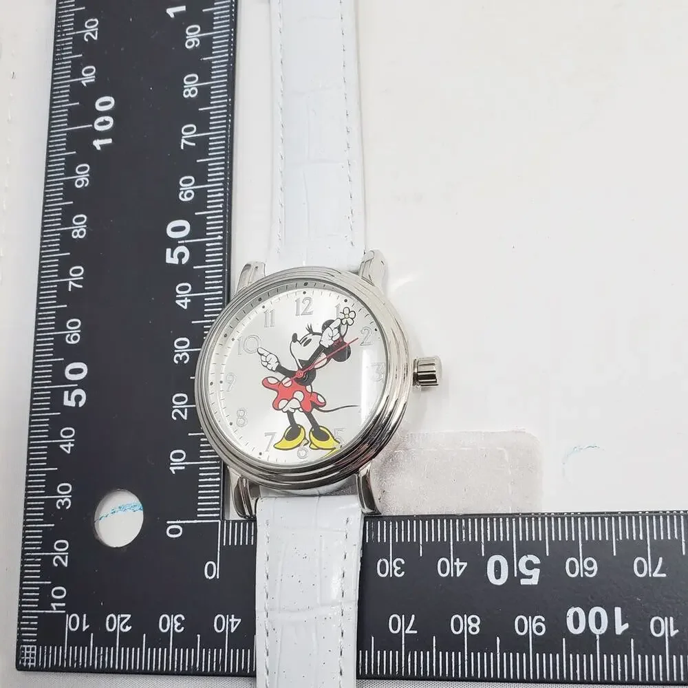 Disney Silver Minnie Mouse Watch White Leather Band Womens